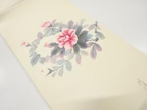 内山晴祥作　塩瀬　手描き　牡丹模様　名古屋帯